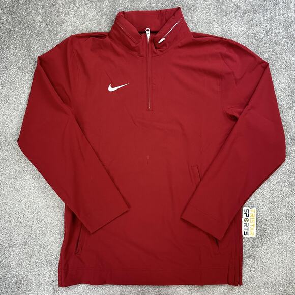 Nike Football Coaches Jacket Mens Medium Red 1/4 Zip Long Sleeve Hooded Pullover - Picture 1 of 11